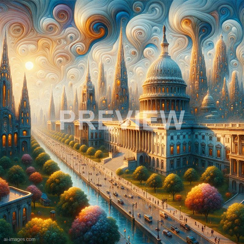 The image depicts a fantastical cityscape with a blend of classical and imaginative architecture, featuring grand domed buildings and towering spires. The scene is bathed in warm, golden light, with swirling, cloud-like patterns in the sky that add a dreamlike atmosphere. A street lined with trees and cars runs alongside a waterway, with colorful, lush trees dotting the landscape, leading towards a majestic city extending into the horizon under a vibrant, swirling sky.